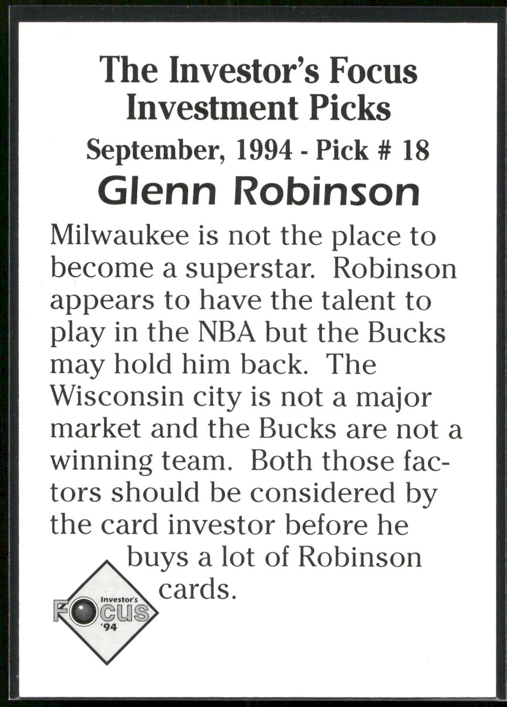 1994 Investor's Focus Investment Picks (unlicensed) #18 Glenn Robinson