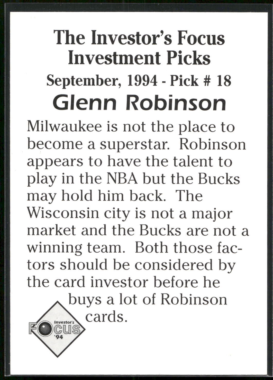 1994 Investor's Focus Investment Picks (unlicensed) #18 Glenn Robinson