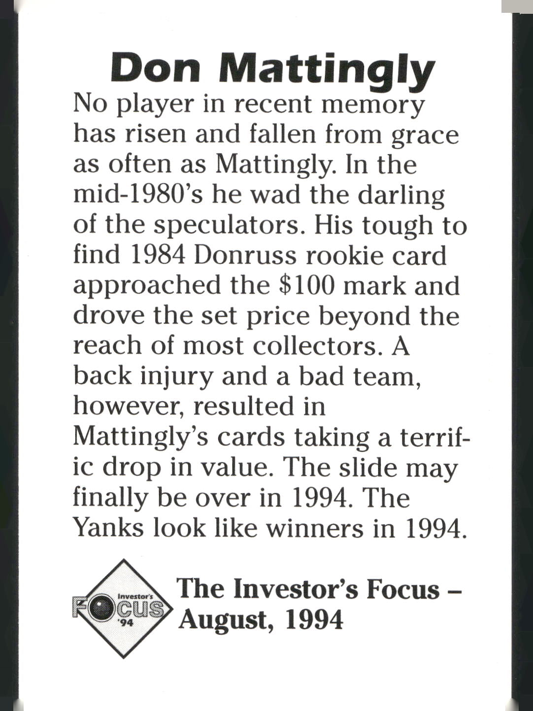1994 Investor's Focus (unlicensed) #NNO Don Mattingly