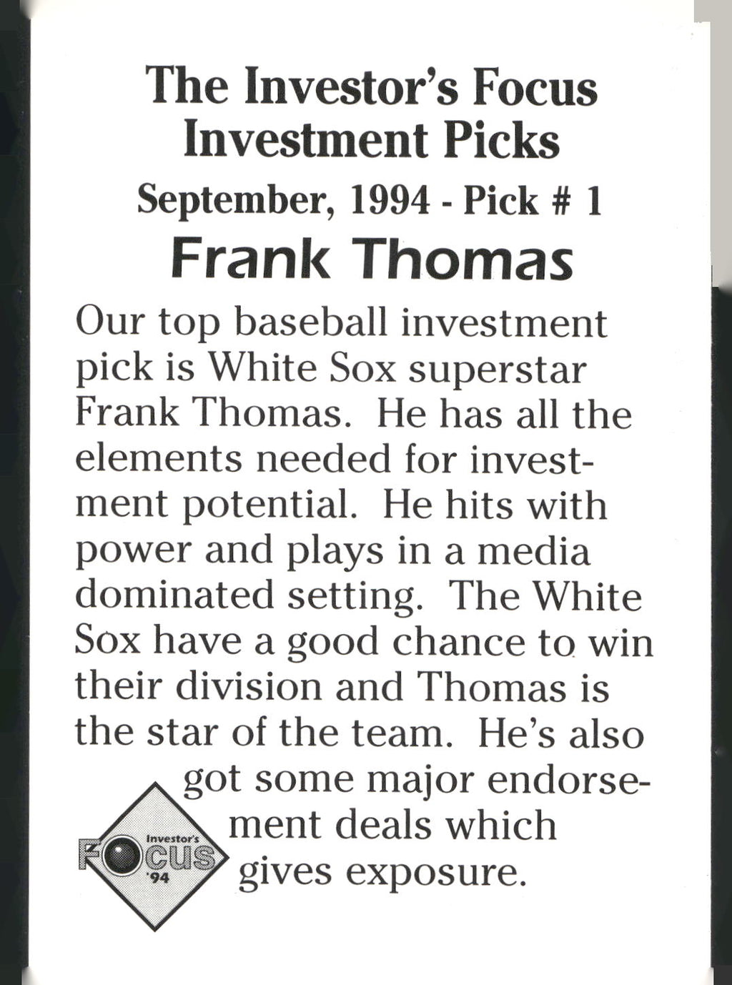 1994 Investor's Focus Investment Picks (unlicensed) #1 Frank Thomas