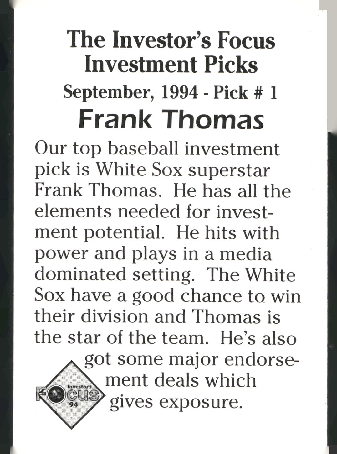 1994 Investor's Focus Investment Picks (unlicensed) #1 Frank Thomas