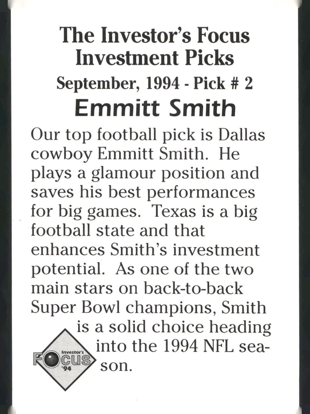 1994 Investor's Focus Investment Picks (unlicensed) #2 Emmitt Smith