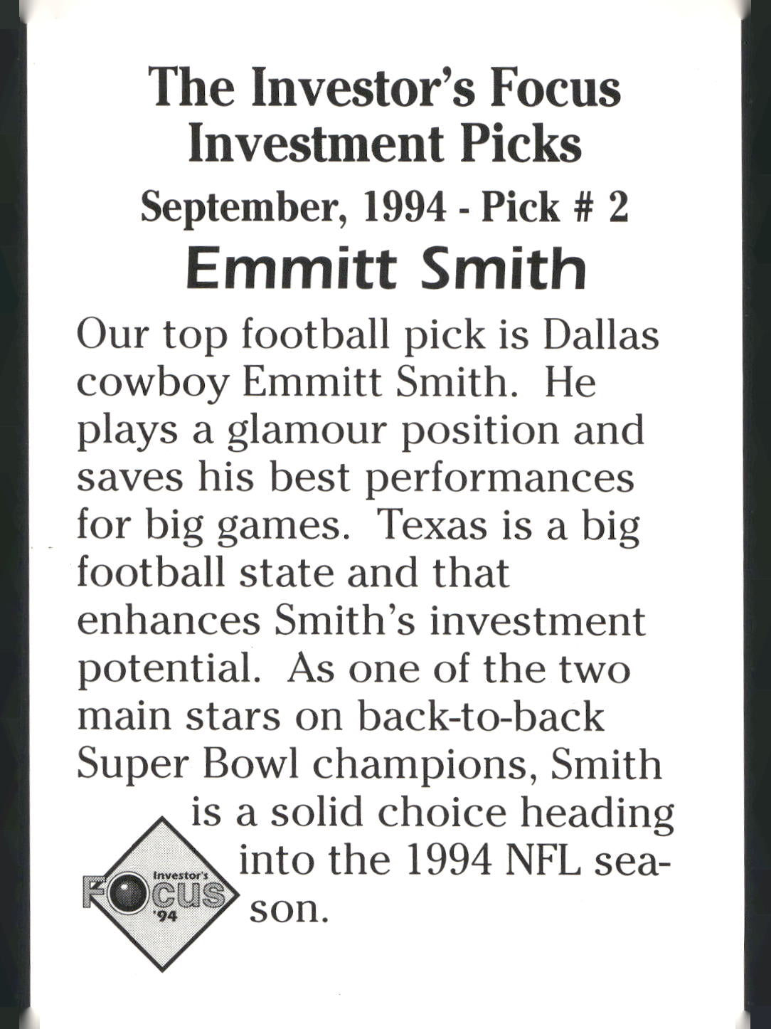 1994 Investor's Focus Investment Picks (unlicensed) #2 Emmitt Smith