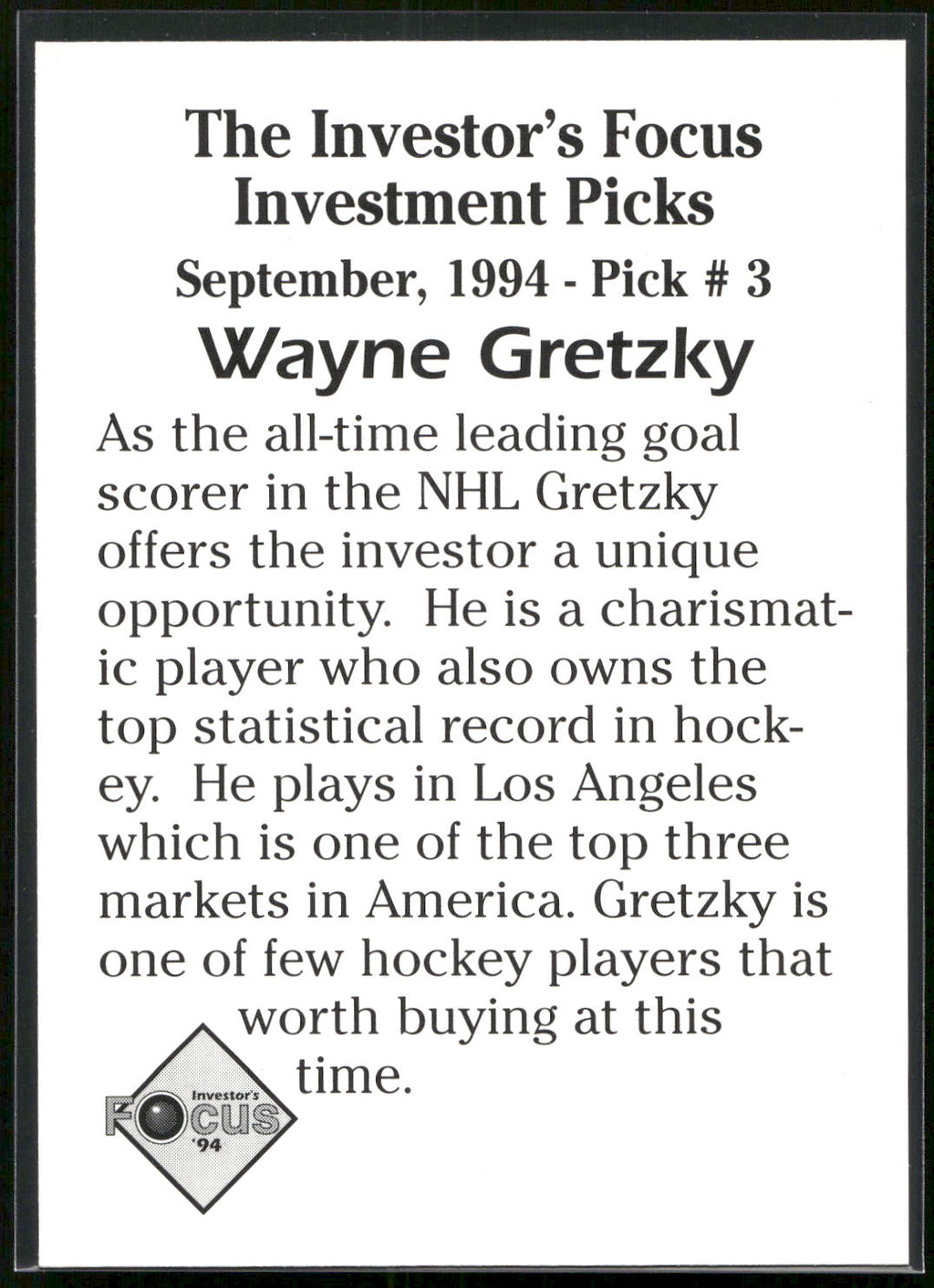 1994 Investor's Focus Investment Picks (unlicensed) #3 Wayne Gretzky