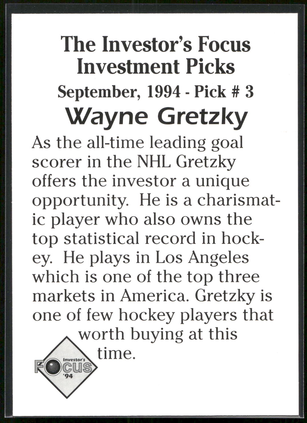 1994 Investor's Focus Investment Picks (unlicensed) #3 Wayne Gretzky