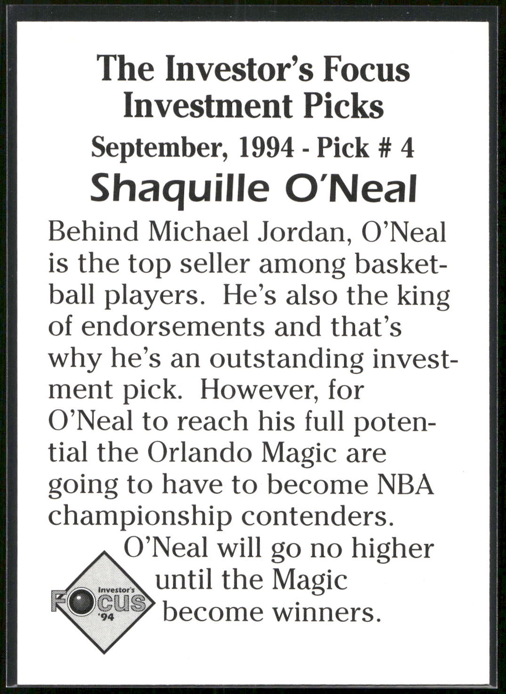 1994 Investor's Focus Investment Picks (unlicensed) #4 Shaquille O'Neal