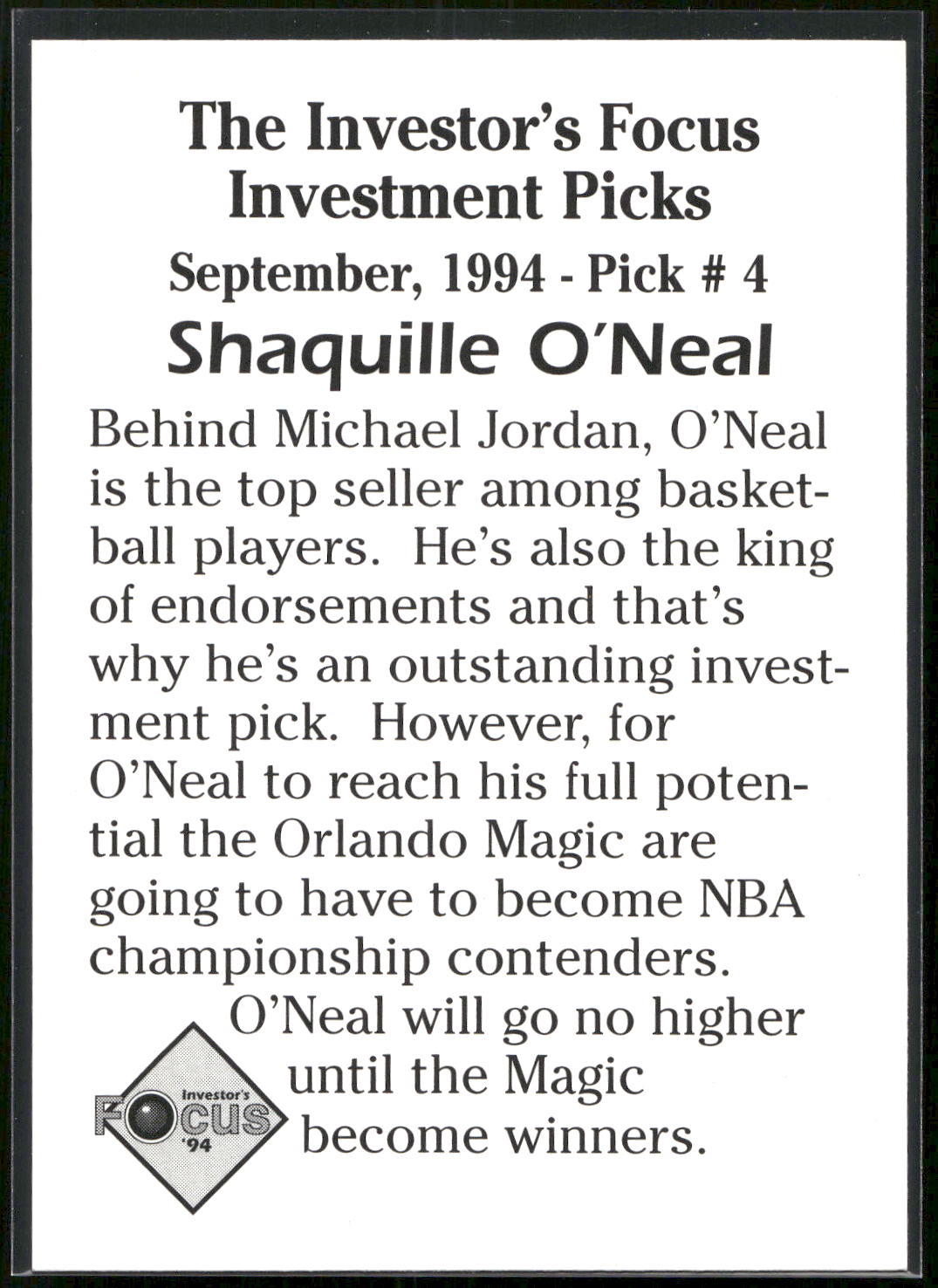 1994 Investor's Focus Investment Picks (unlicensed) #4 Shaquille O'Neal