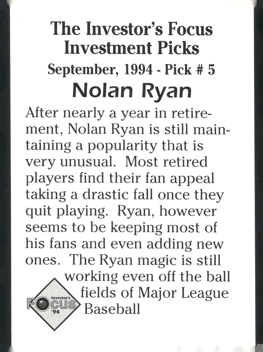 1994 Investor's Focus Investment Picks (unlicensed) #5 Nolan Ryan