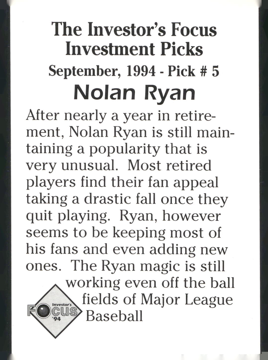 1994 Investor's Focus Investment Picks (unlicensed) #5 Nolan Ryan