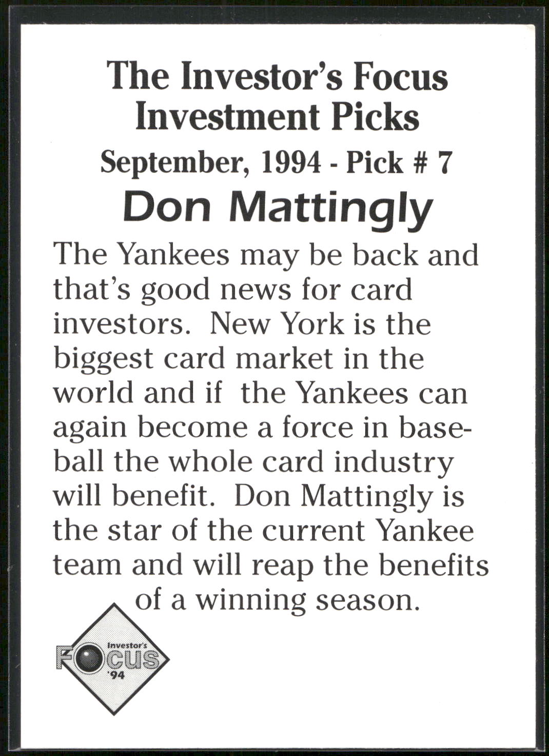 1994 Investor's Focus Investment Picks (unlicensed) #7 Don Mattingly