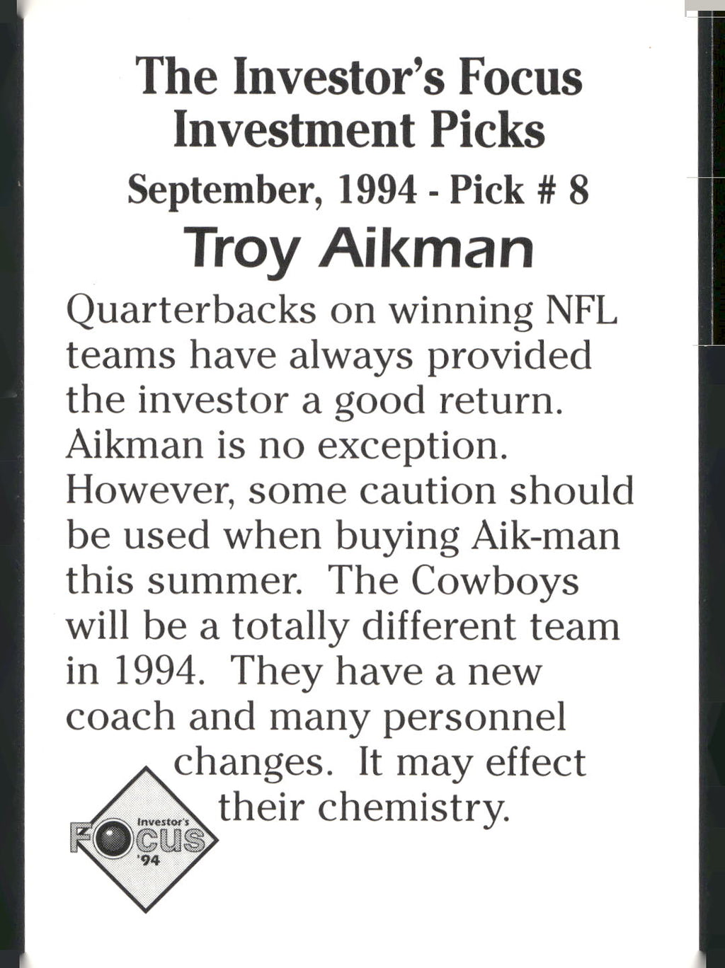 1994 Investor's Focus Investment Picks (unlicensed) #8 Troy Aikman