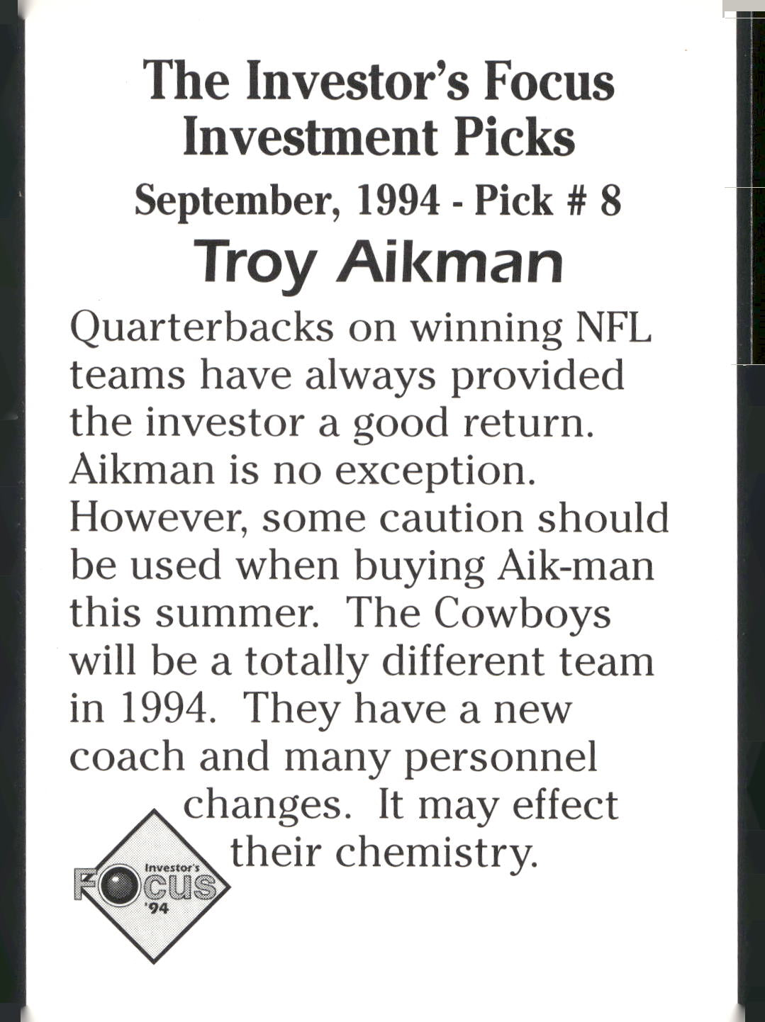 1994 Investor's Focus Investment Picks (unlicensed) #8 Troy Aikman