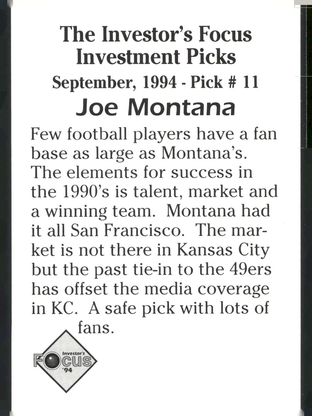 1994 Investor's Focus Investment Picks (unlicensed) #11 Joe Montana