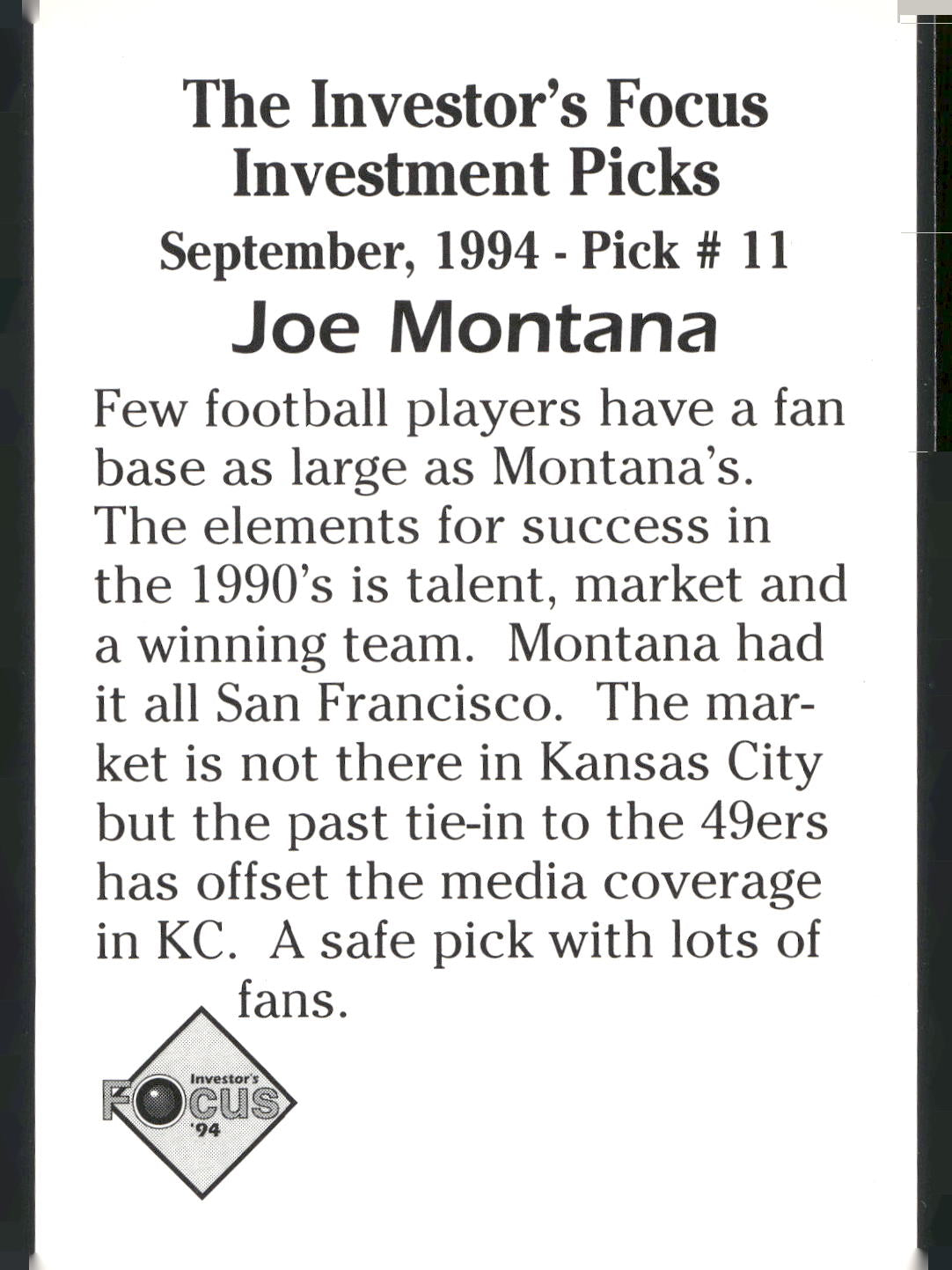 1994 Investor's Focus Investment Picks (unlicensed) #11 Joe Montana