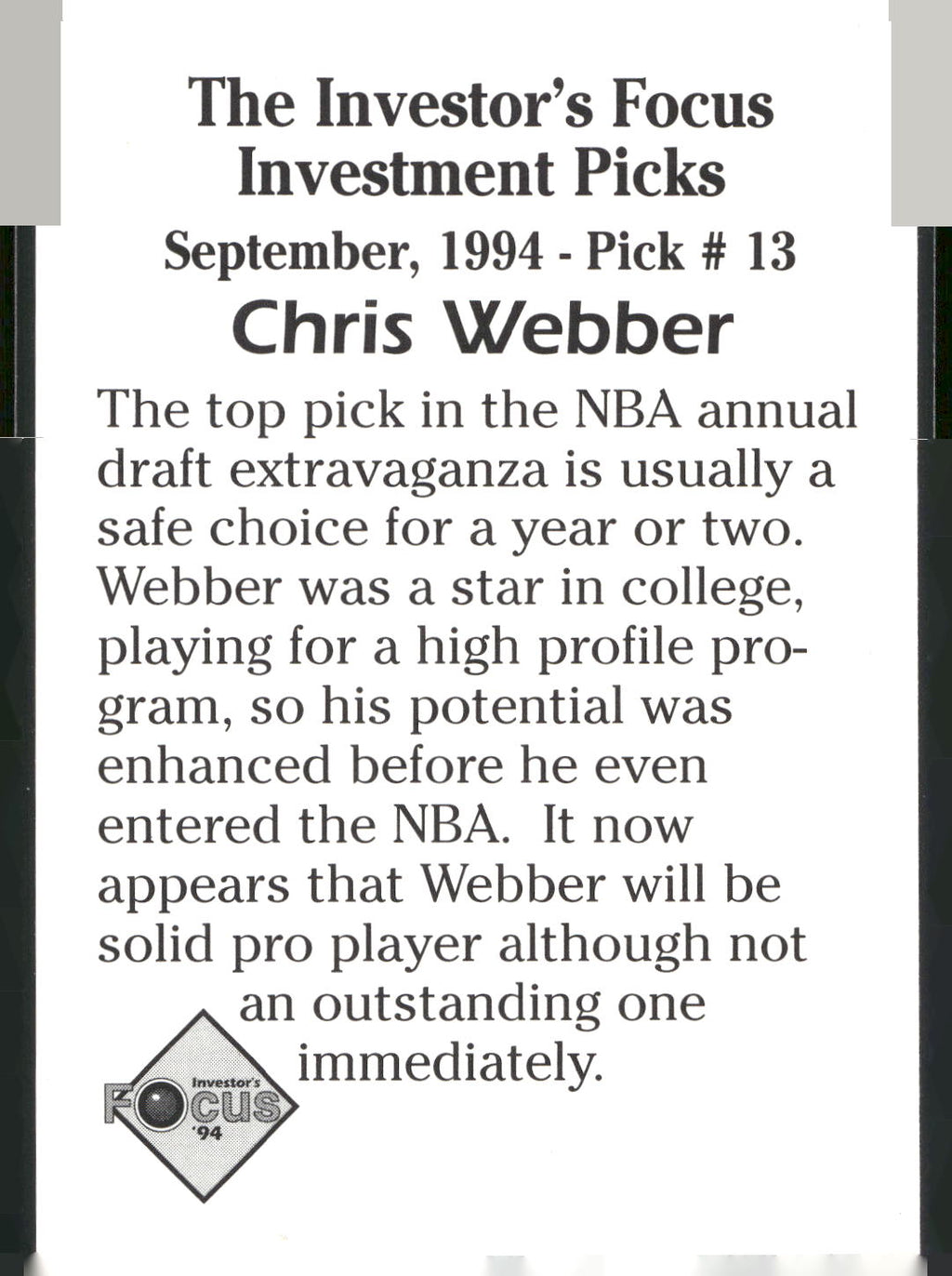 1994 Investor's Focus Investment Picks (unlicensed) #13 Chris Webber