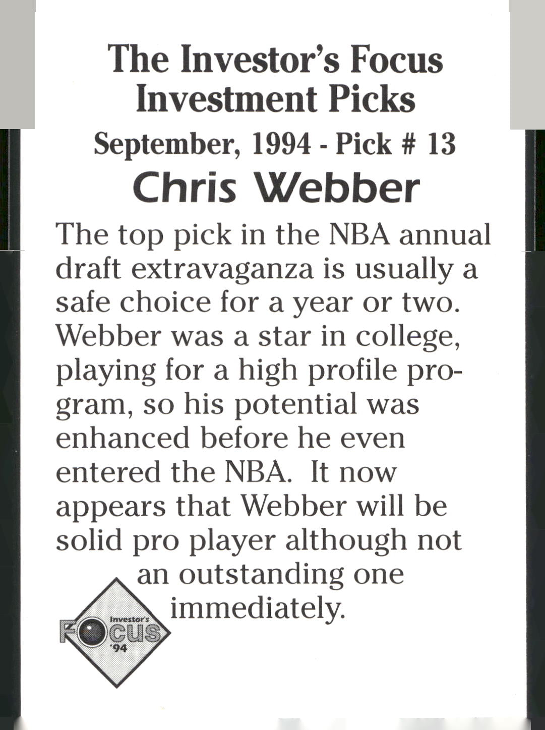 1994 Investor's Focus Investment Picks (unlicensed) #13 Chris Webber