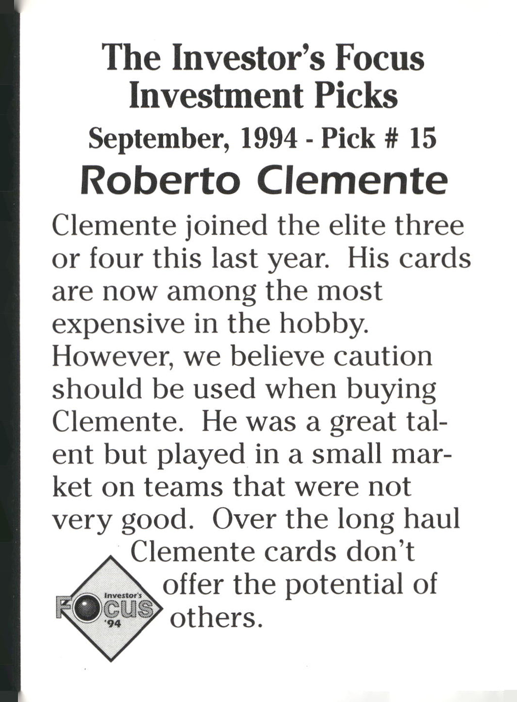 1994 Investor's Focus Investment Picks (unlicensed) #15 Roberto Clemente