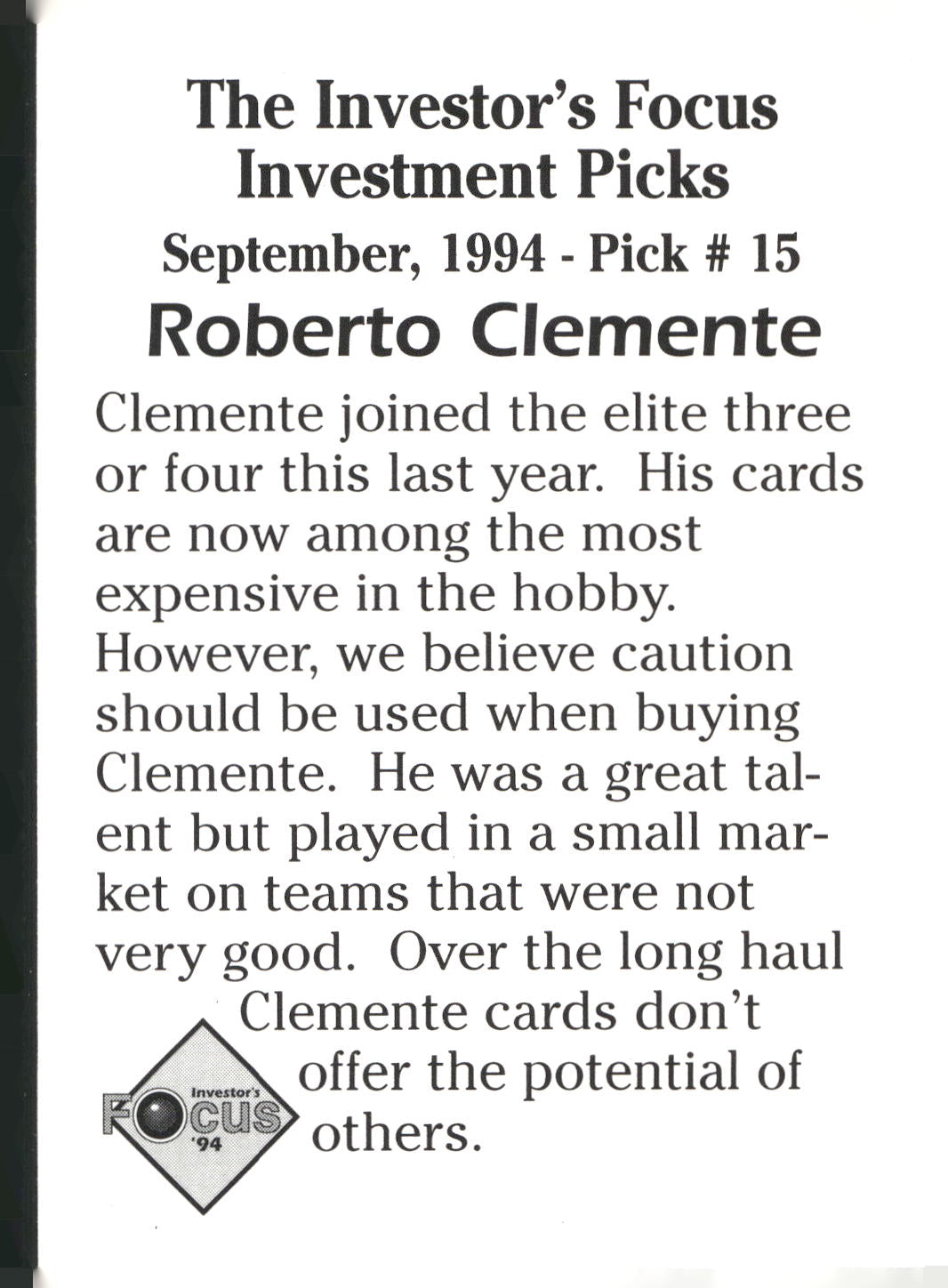 1994 Investor's Focus Investment Picks (unlicensed) #15 Roberto Clemente