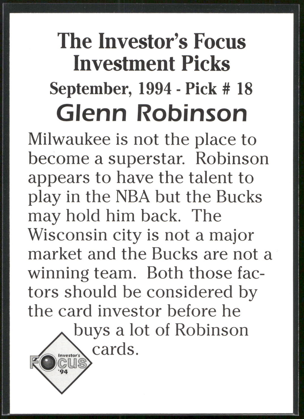 1994 Investor's Focus Investment Picks (unlicensed) #18 Glenn Robinson