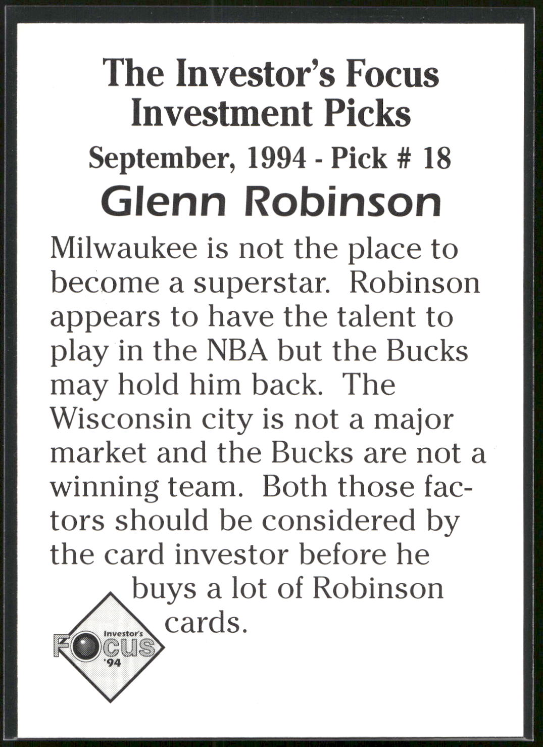 1994 Investor's Focus Investment Picks (unlicensed) #18 Glenn Robinson