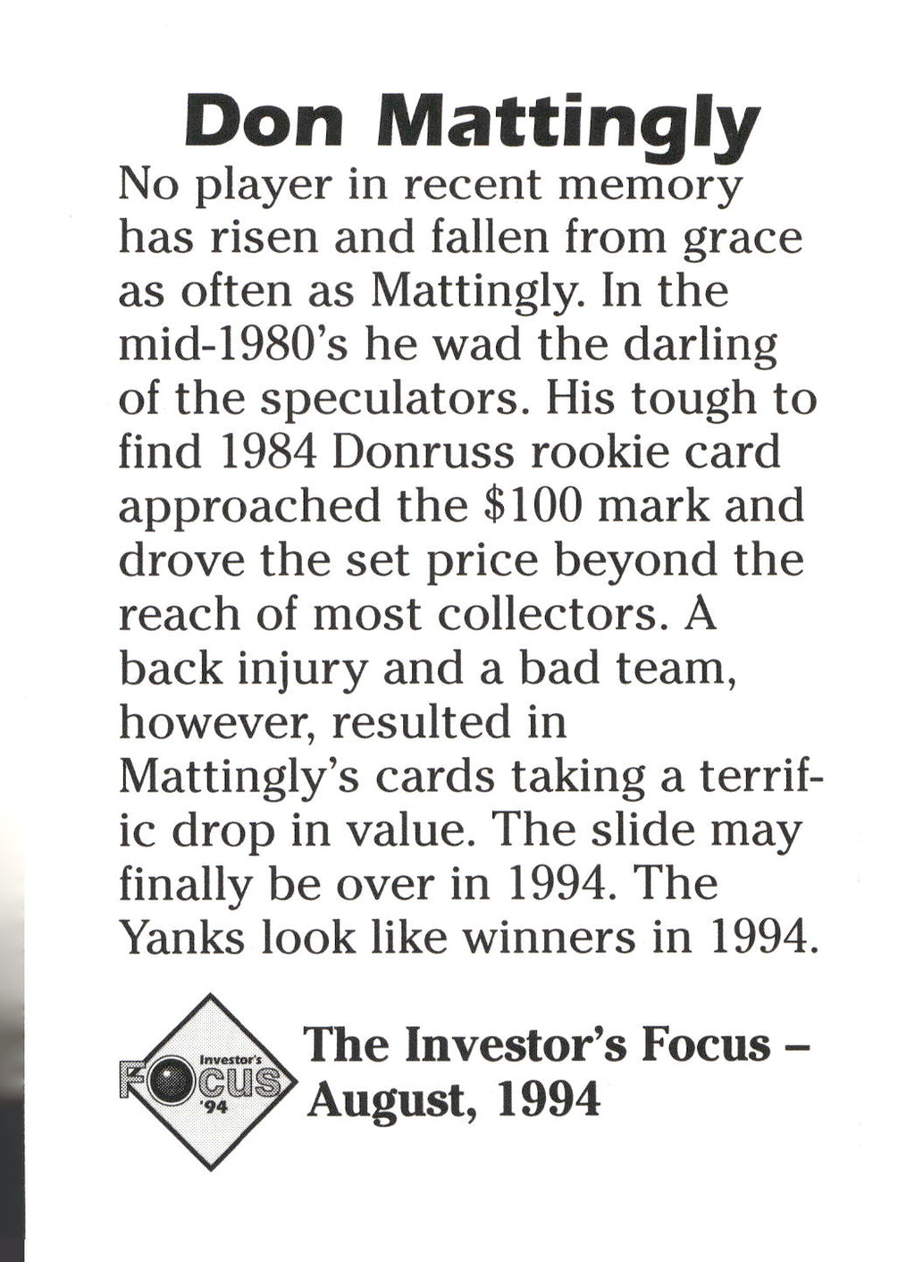 1994 Investor's Focus (unlicensed) #NNO Don Mattingly