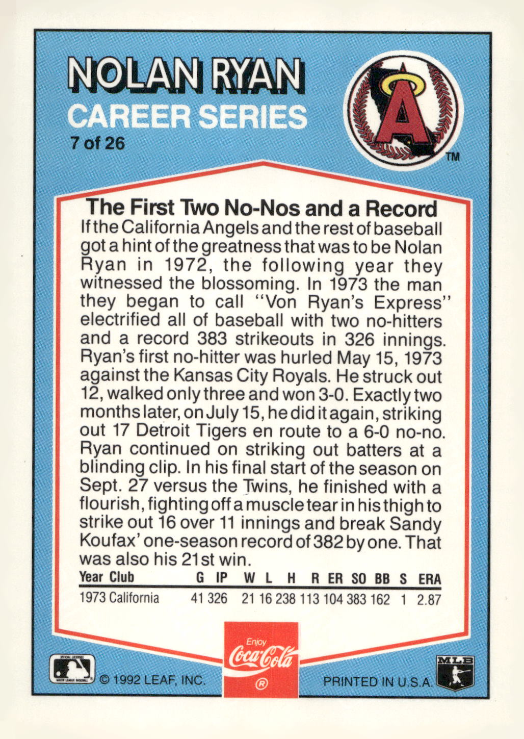 1992 Donruss Coca-Cola Nolan Ryan #7 Nolan Ryan