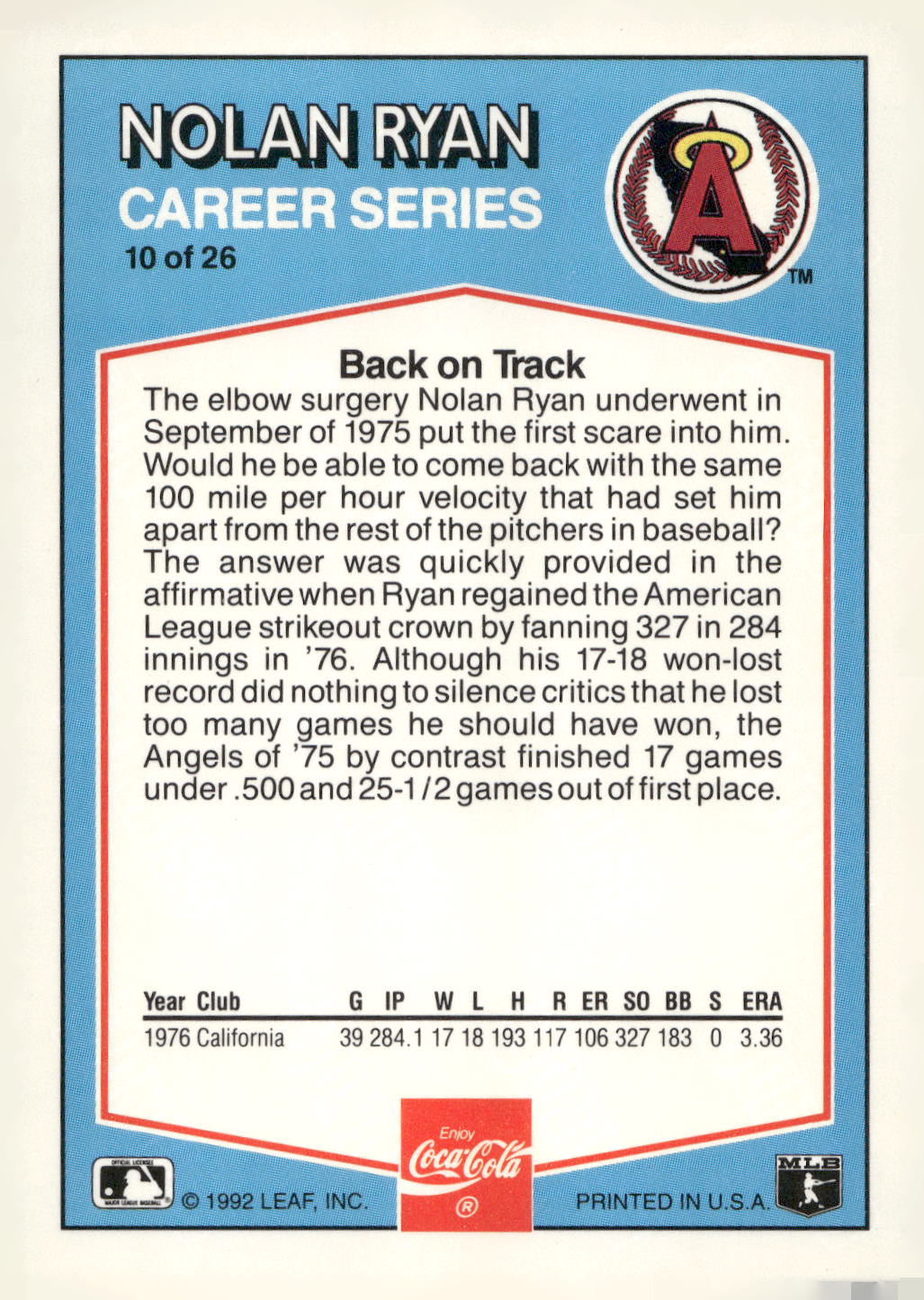 1992 Donruss Coca-Cola Nolan Ryan #10 Nolan Ryan