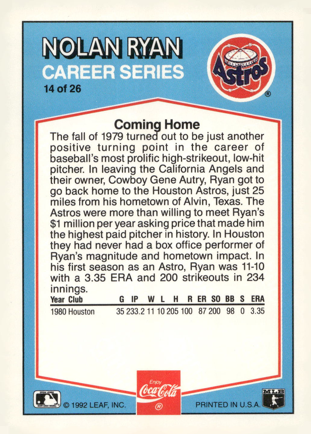 1992 Donruss Coca-Cola Nolan Ryan #14 Nolan Ryan