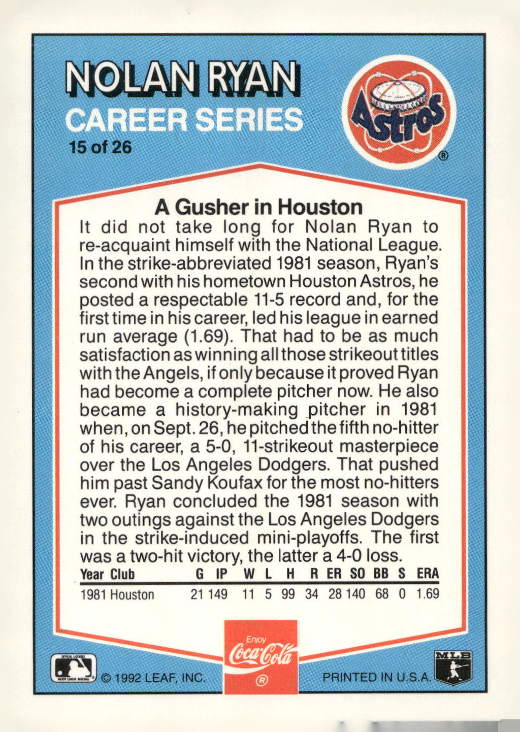 1992 Donruss Coca-Cola Nolan Ryan #15 Nolan Ryan