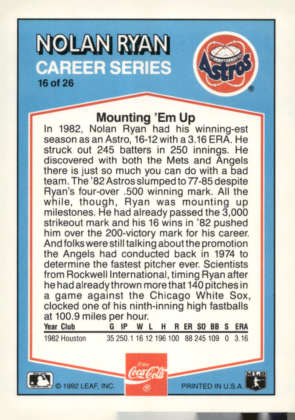 1992 Donruss Coca-Cola Nolan Ryan #16 Nolan Ryan