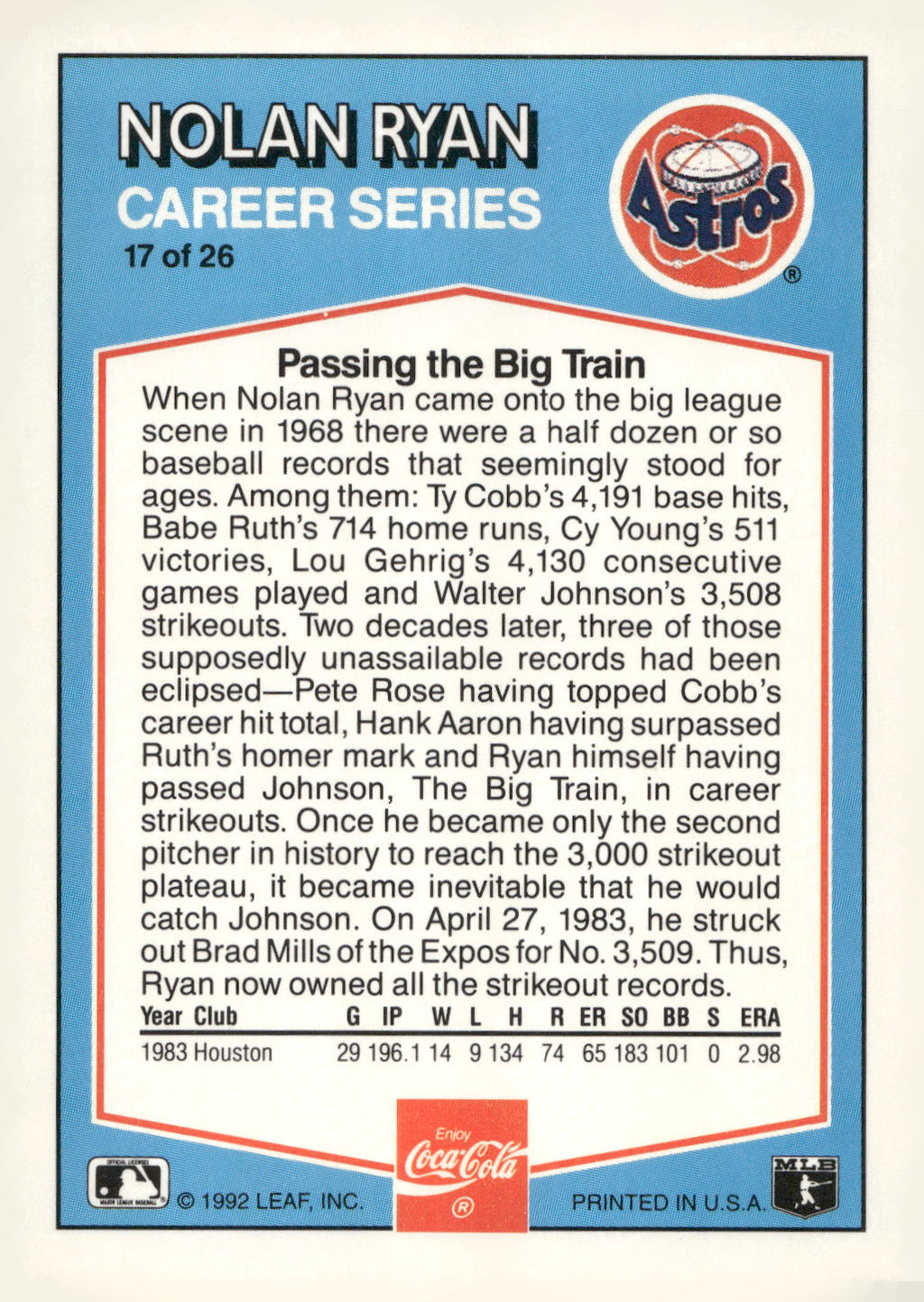 1992 Donruss Coca-Cola Nolan Ryan #17 Nolan Ryan