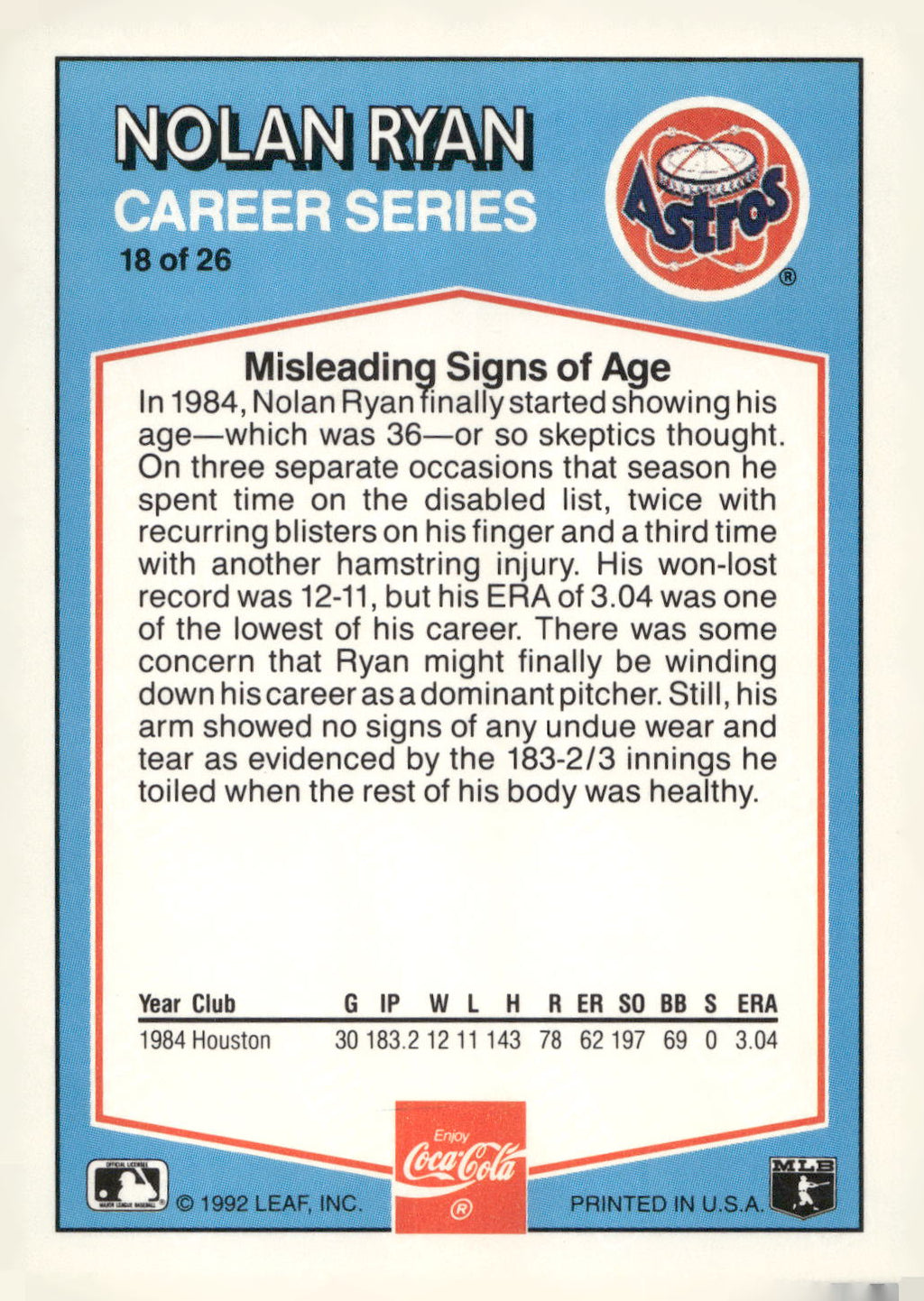 1992 Donruss Coca-Cola Nolan Ryan #18 Nolan Ryan