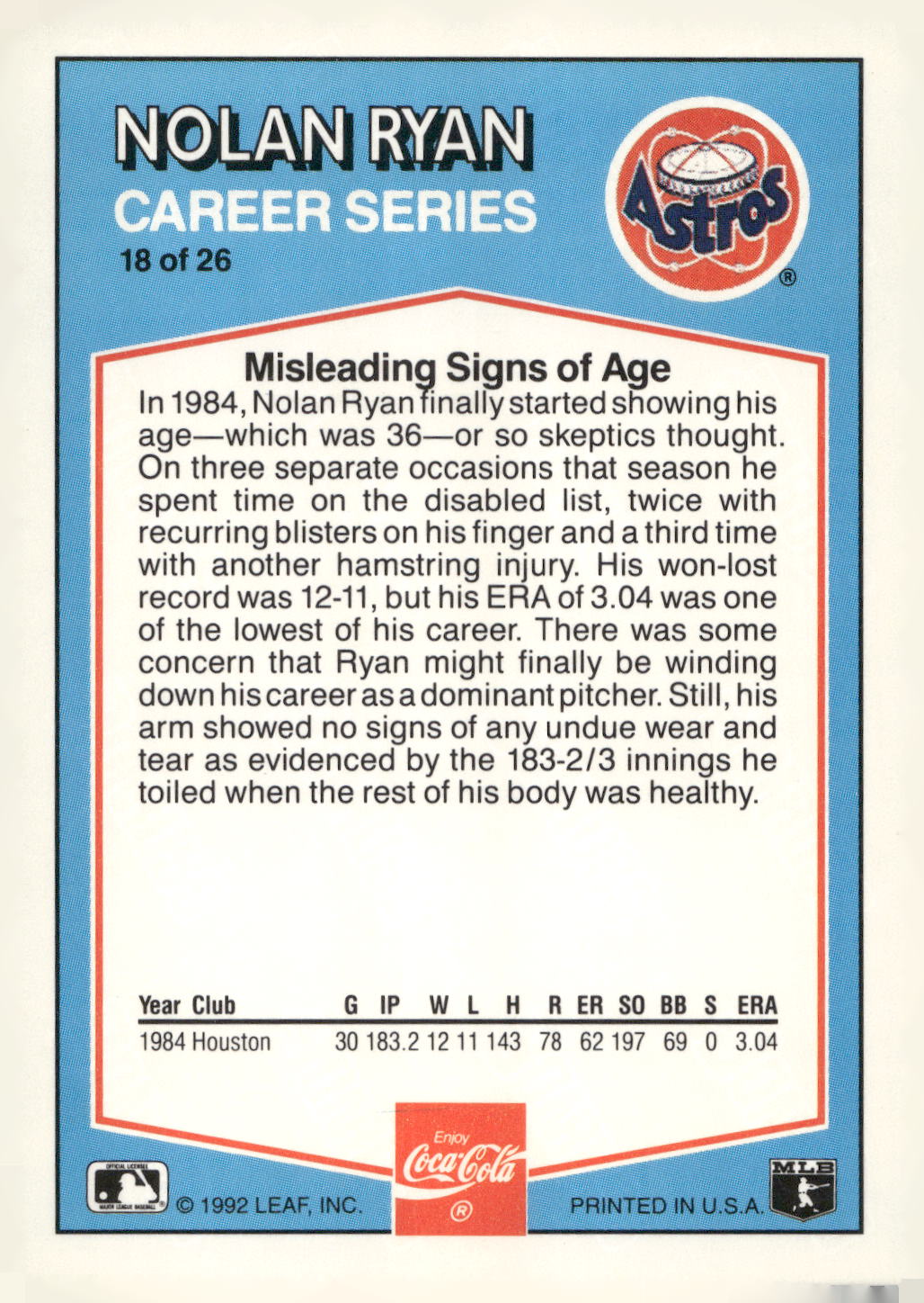 1992 Donruss Coca-Cola Nolan Ryan #18 Nolan Ryan