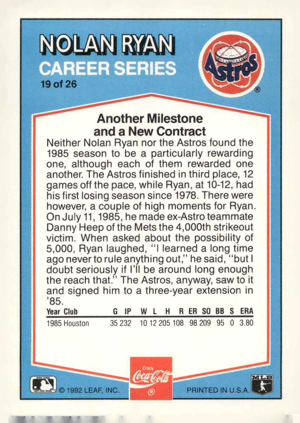 1992 Donruss Coca-Cola Nolan Ryan #19 Nolan Ryan