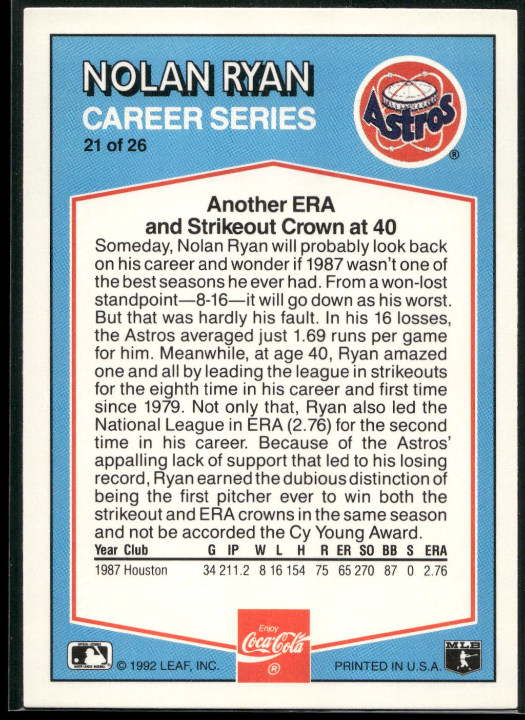 1992 Donruss Coca-Cola Nolan Ryan #21 Nolan Ryan