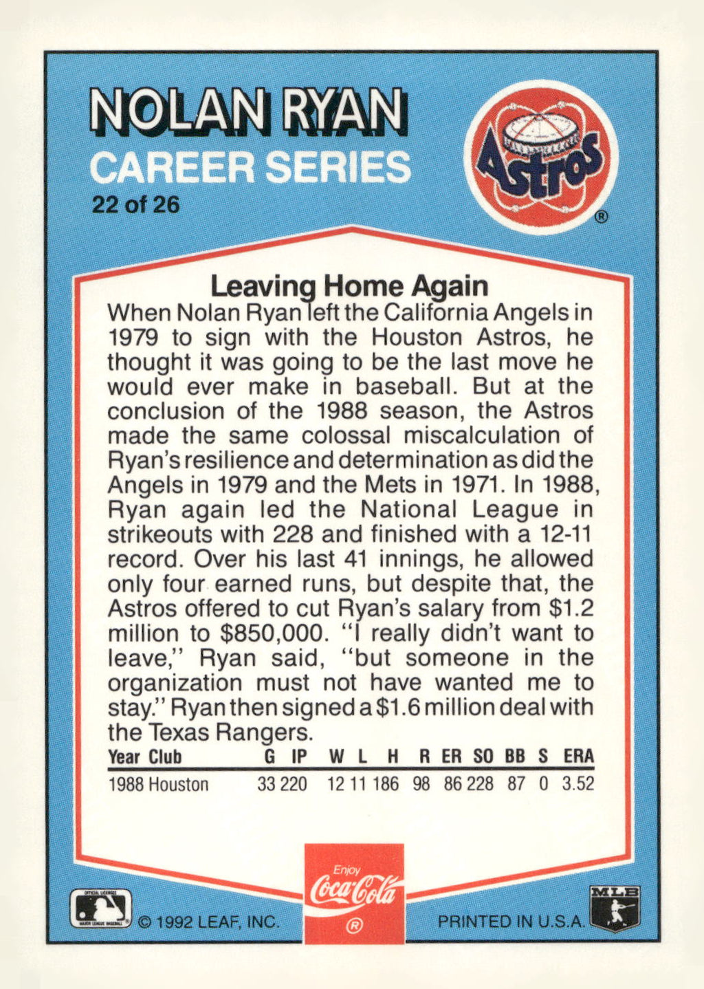 1992 Donruss Coca-Cola Nolan Ryan #22 Nolan Ryan