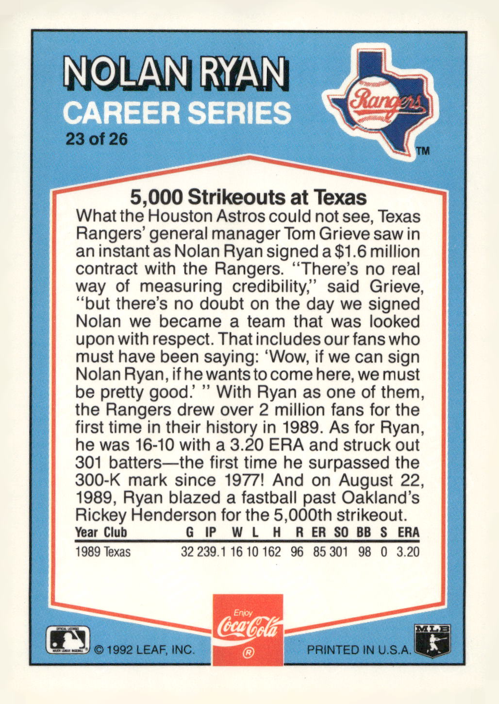 1992 Donruss Coca-Cola Nolan Ryan #23 Nolan Ryan
