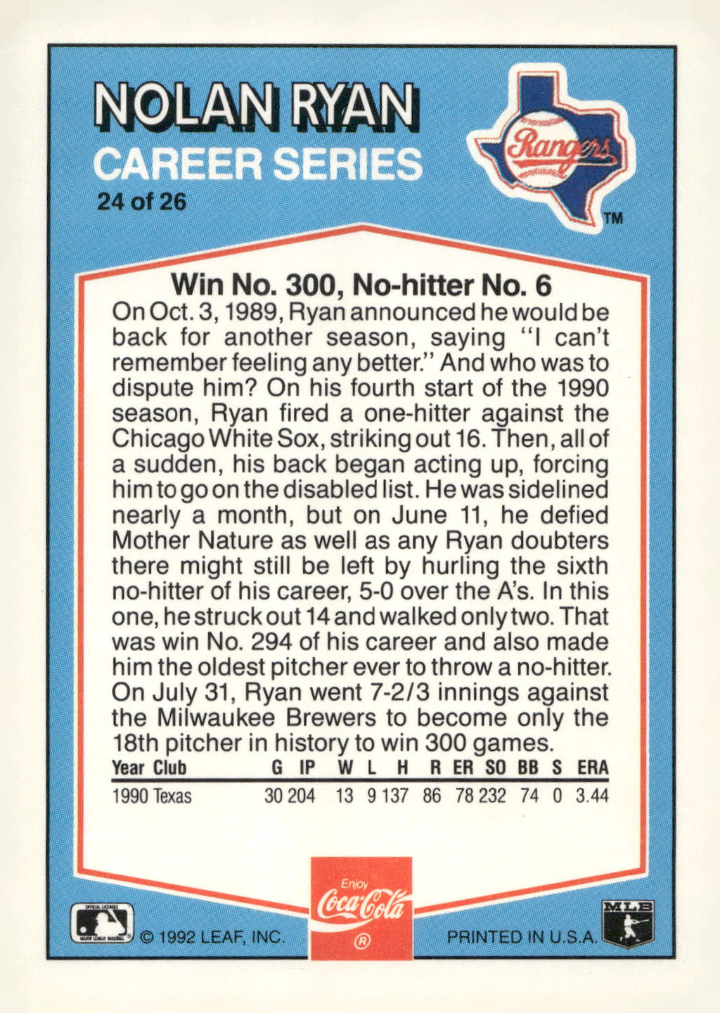 1992 Donruss Coca-Cola Nolan Ryan #24 Nolan Ryan