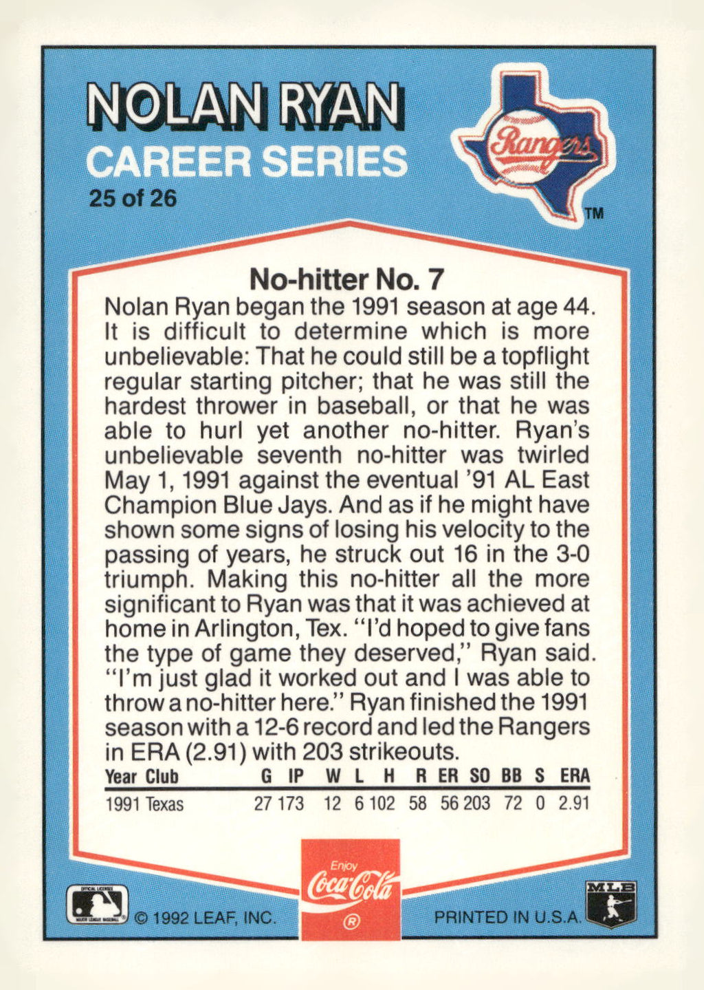 1992 Donruss Coca-Cola Nolan Ryan #25 Nolan Ryan