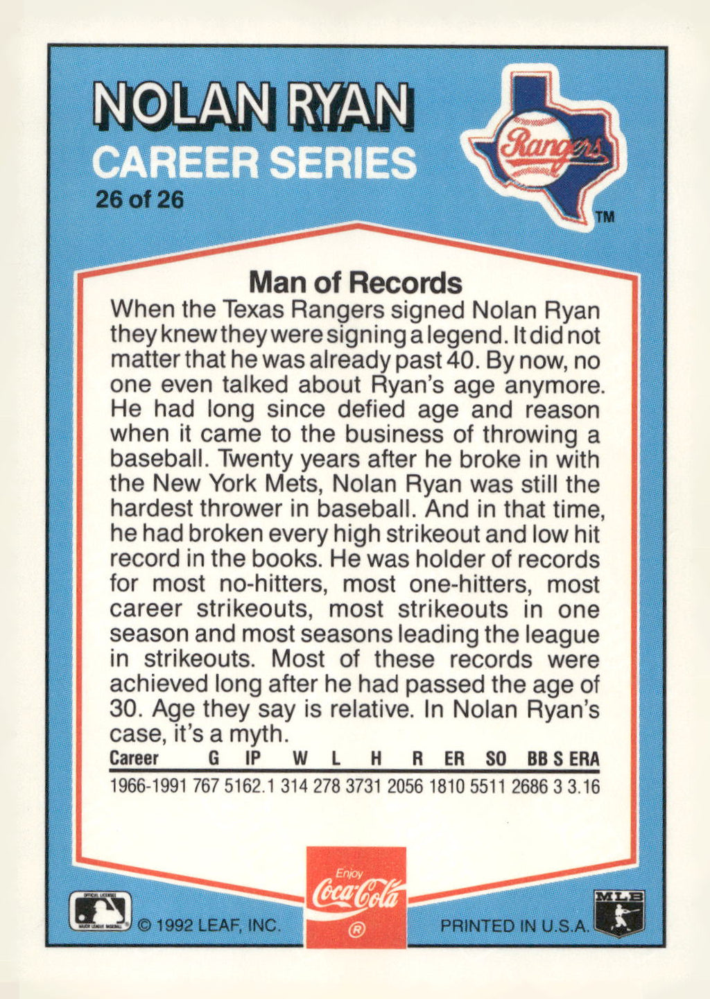 1992 Donruss Coca-Cola Nolan Ryan #26 Nolan Ryan