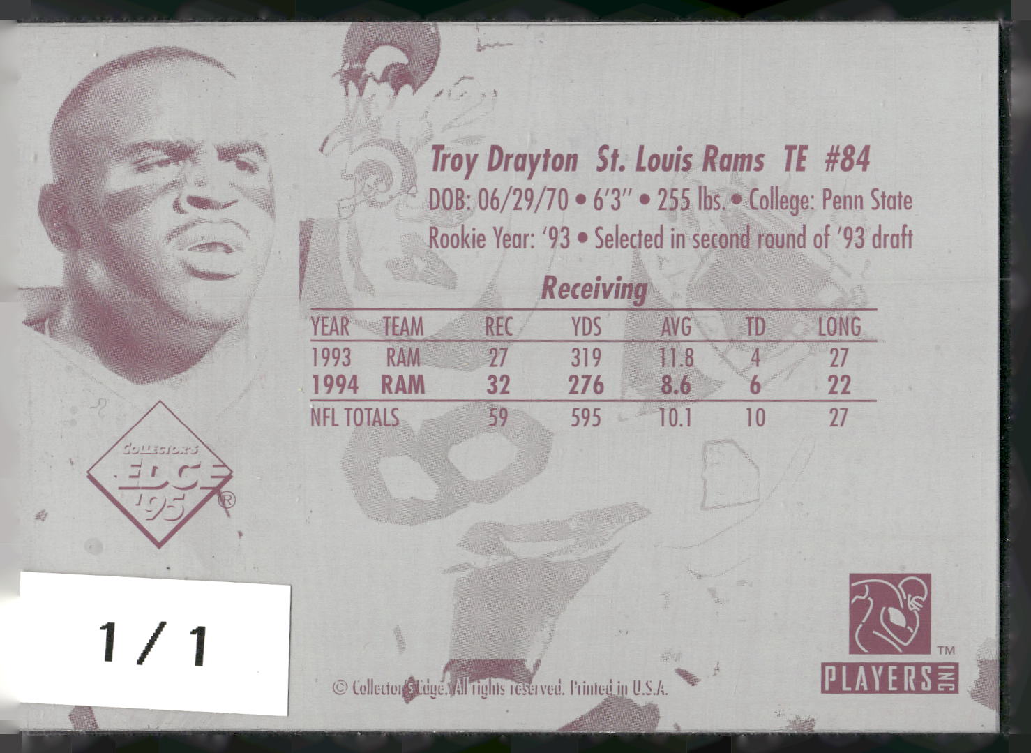 1995 Collector's Edge Blank Back Proof #108 Troy Drayton