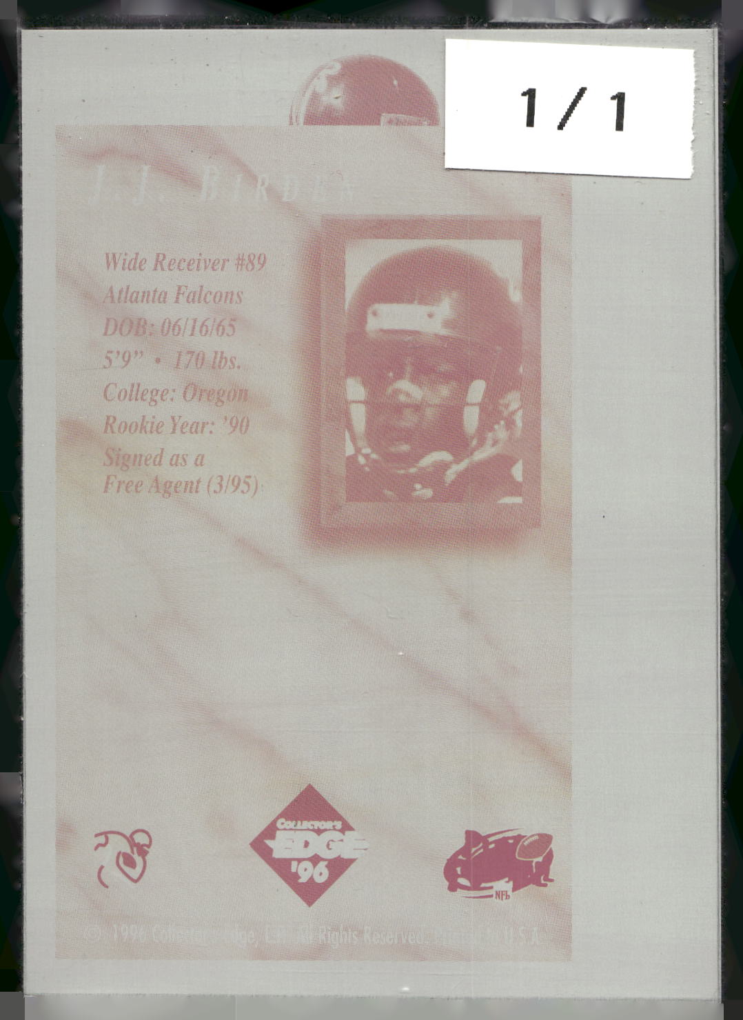 1996 Collector's Edge President's Reserve Blank Front Proof #7 J.J. Birden