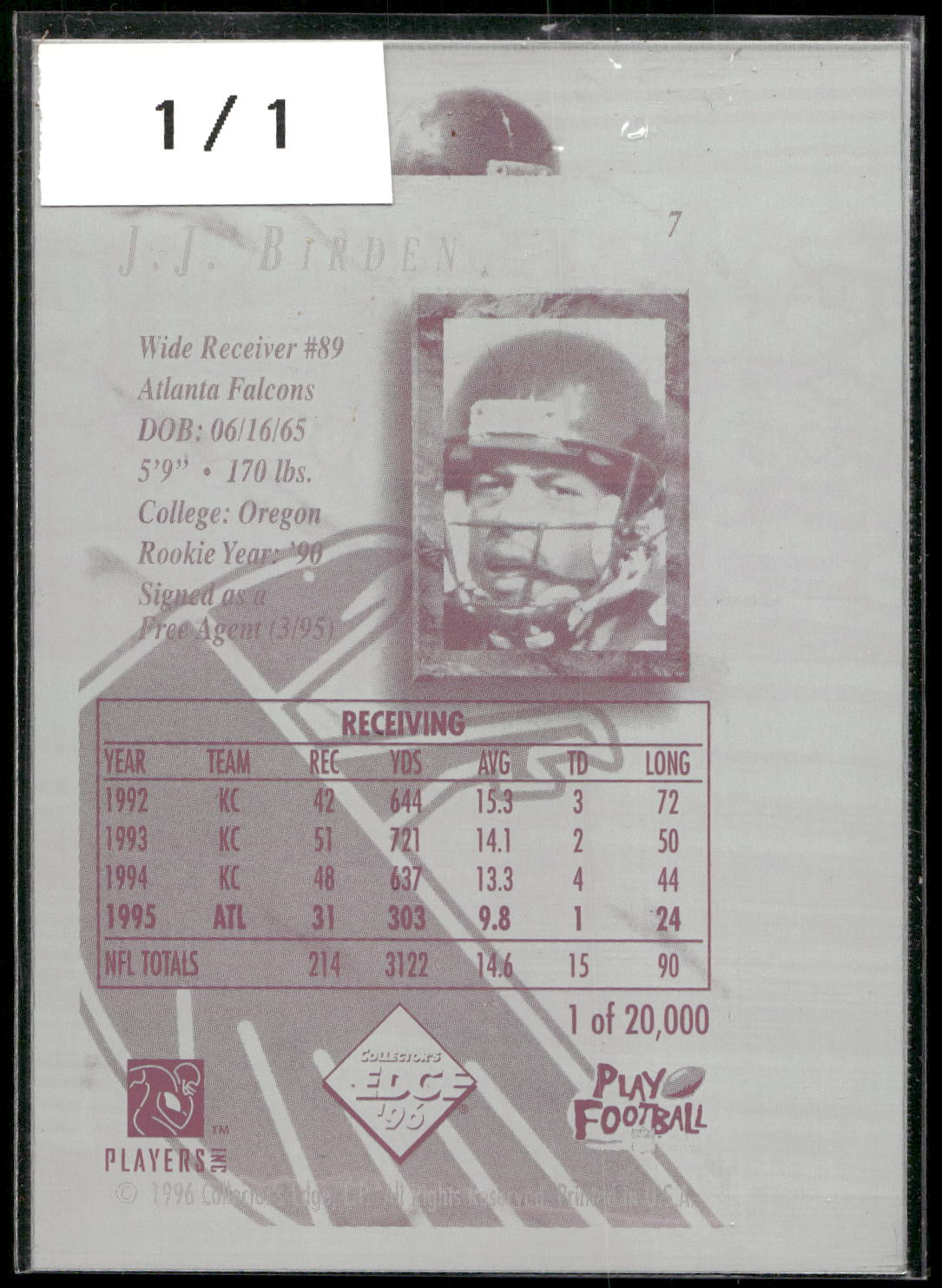 1996 Collector's Edge President's Reserve Blank Front Proof #7 J.J. Birden