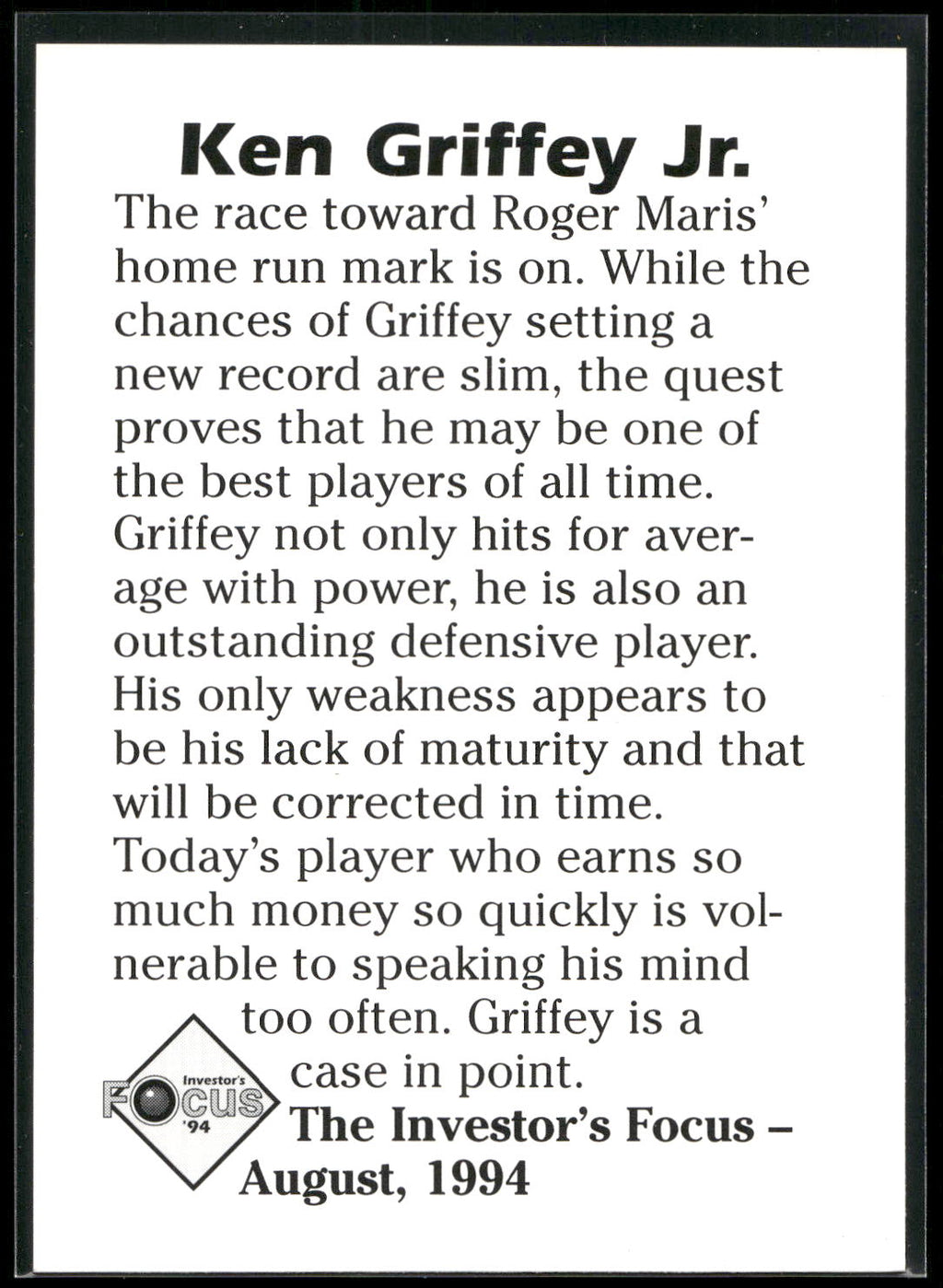 1994 Investor's Focus (unlicensed) #NNO Ken Griffey Jr.