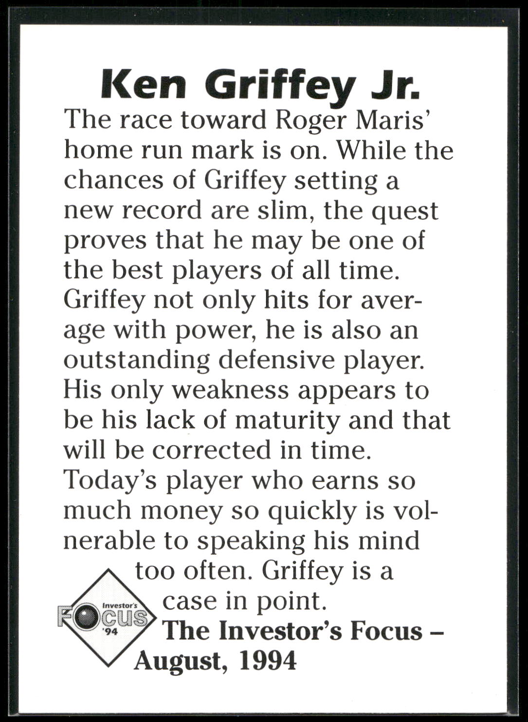 1994 Investor's Focus (unlicensed) #NNO Ken Griffey Jr.