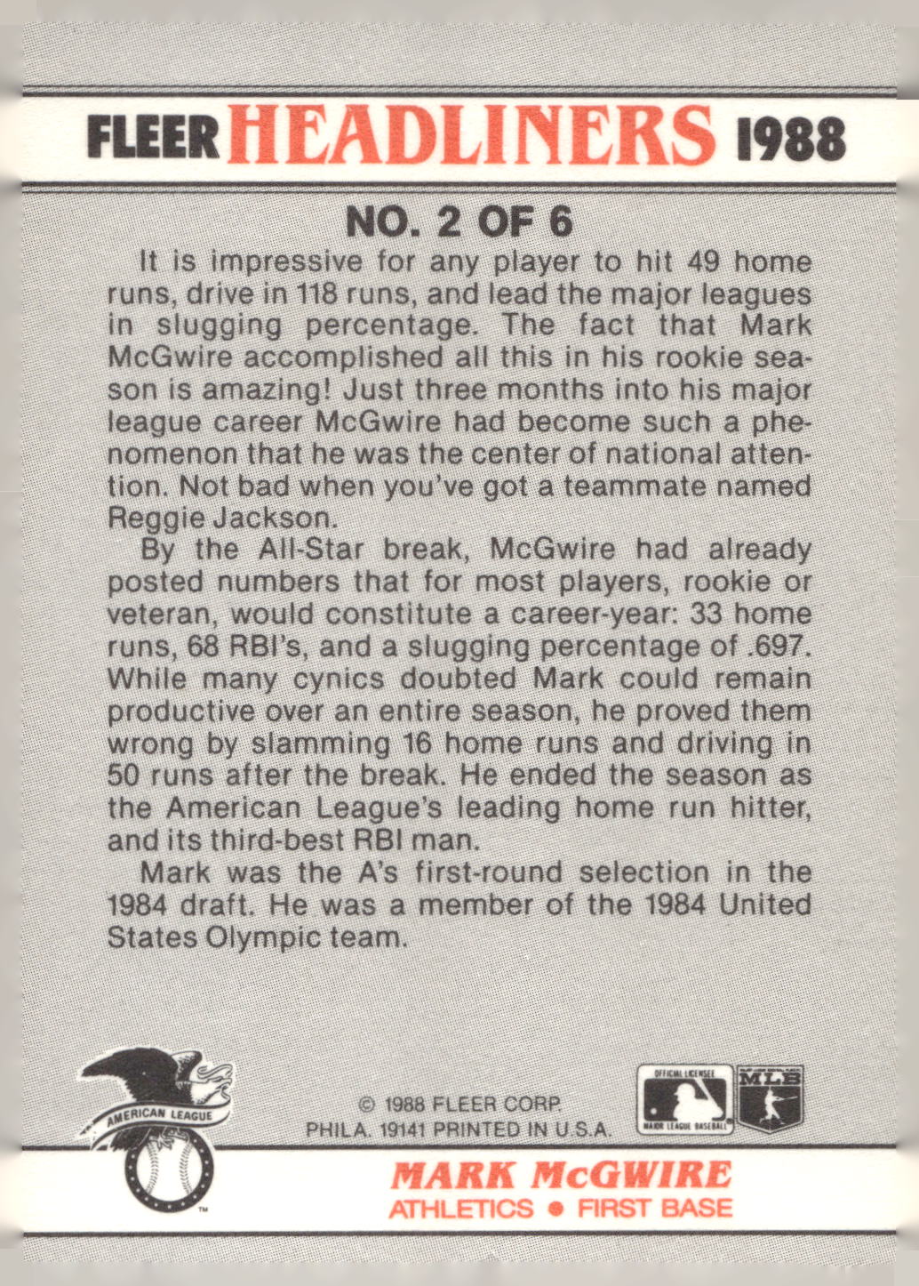 1988 Fleer #2 Mark McGwire Headliners