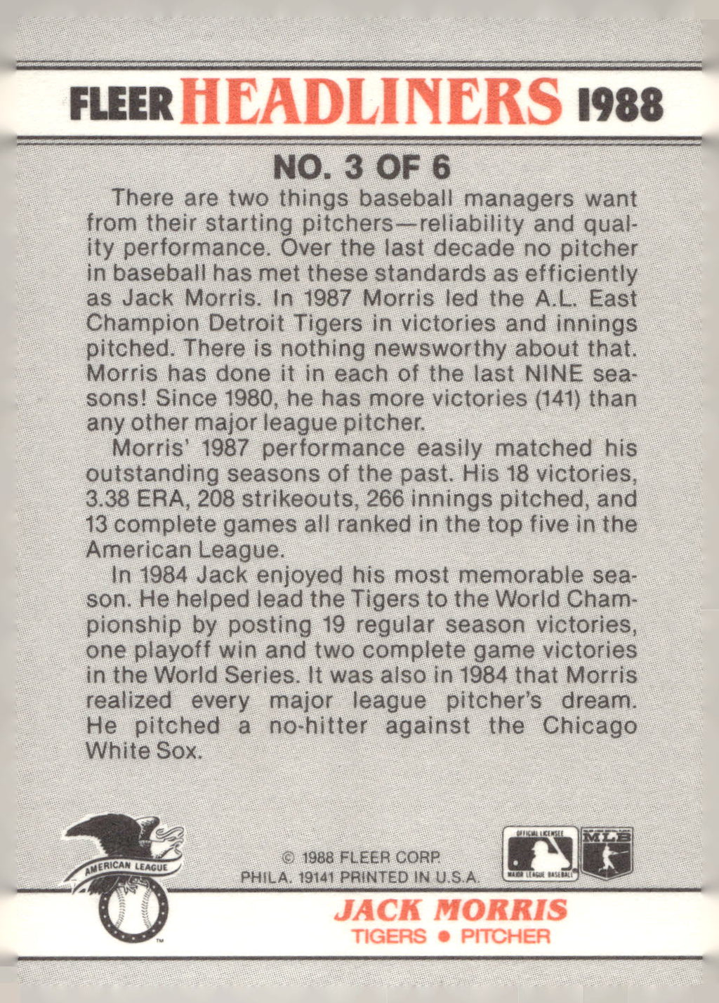 1988 Fleer #3 Jack Morris Headliners