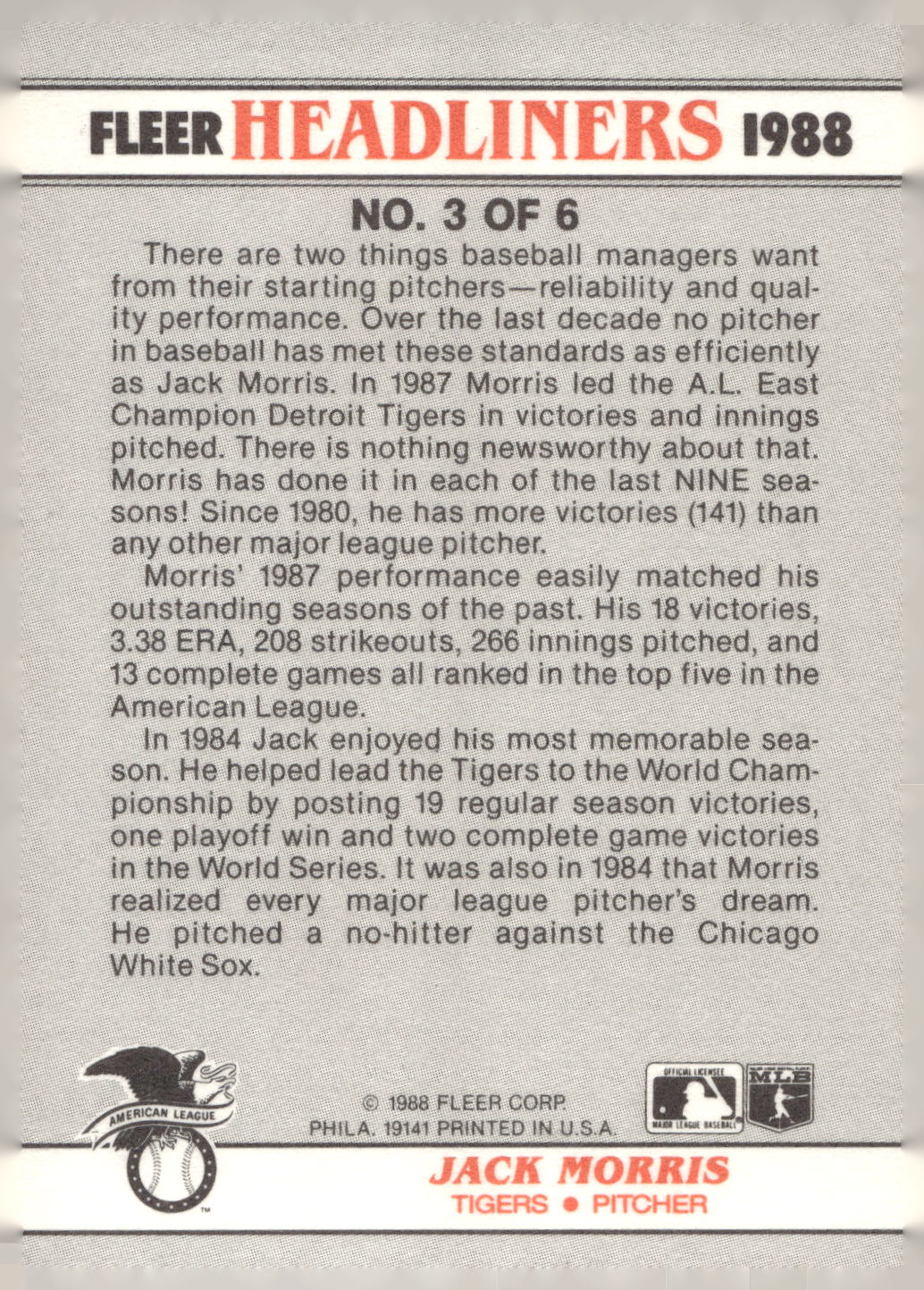 1988 Fleer #3 Jack Morris Headliners