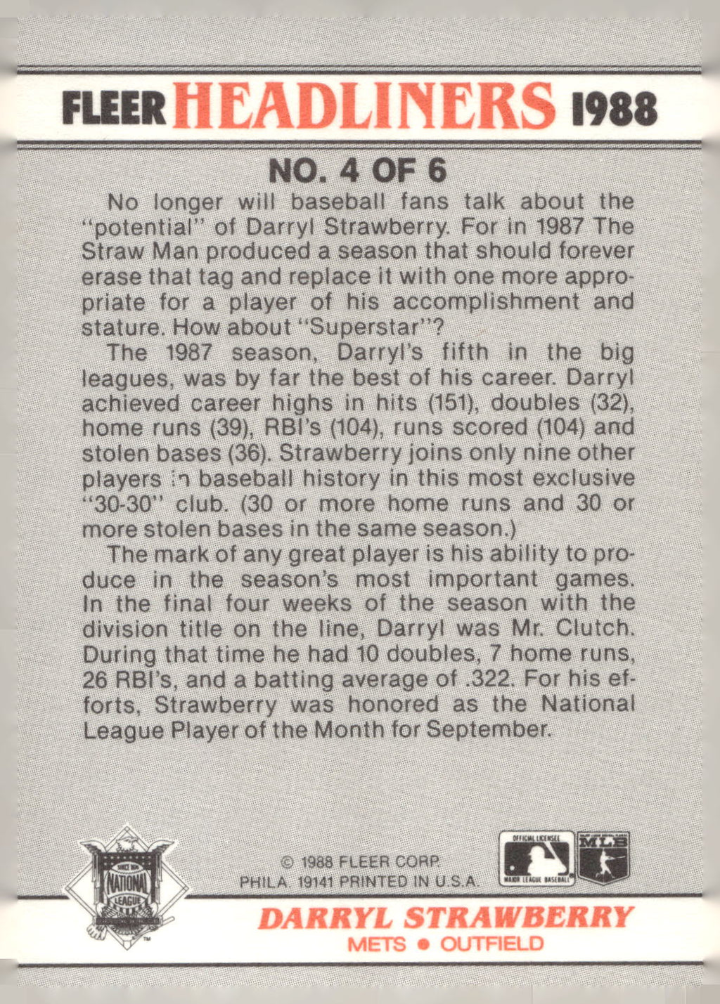 1988 Fleer #4 Darryl Strawberry Headliners