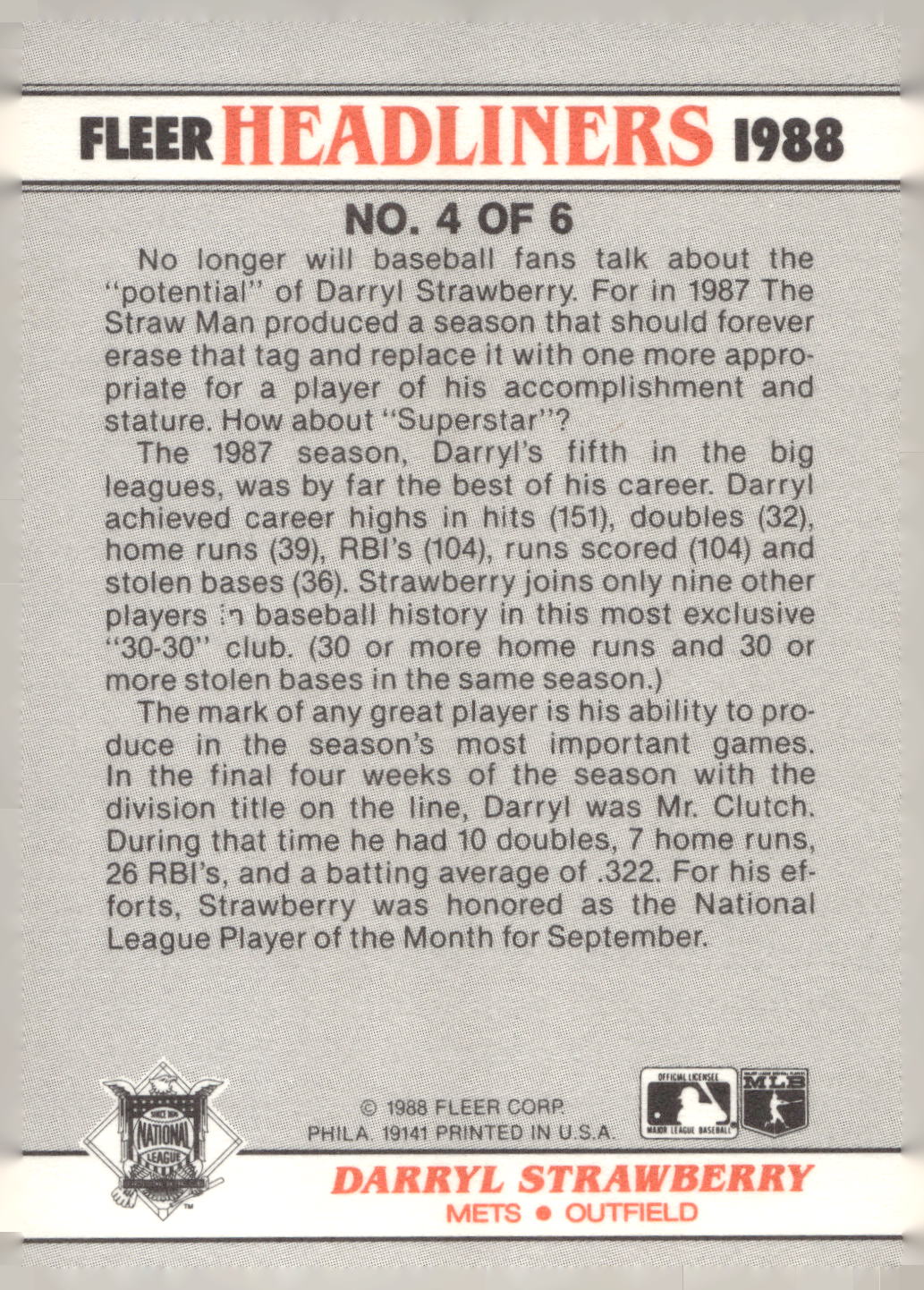 1988 Fleer #4 Darryl Strawberry Headliners
